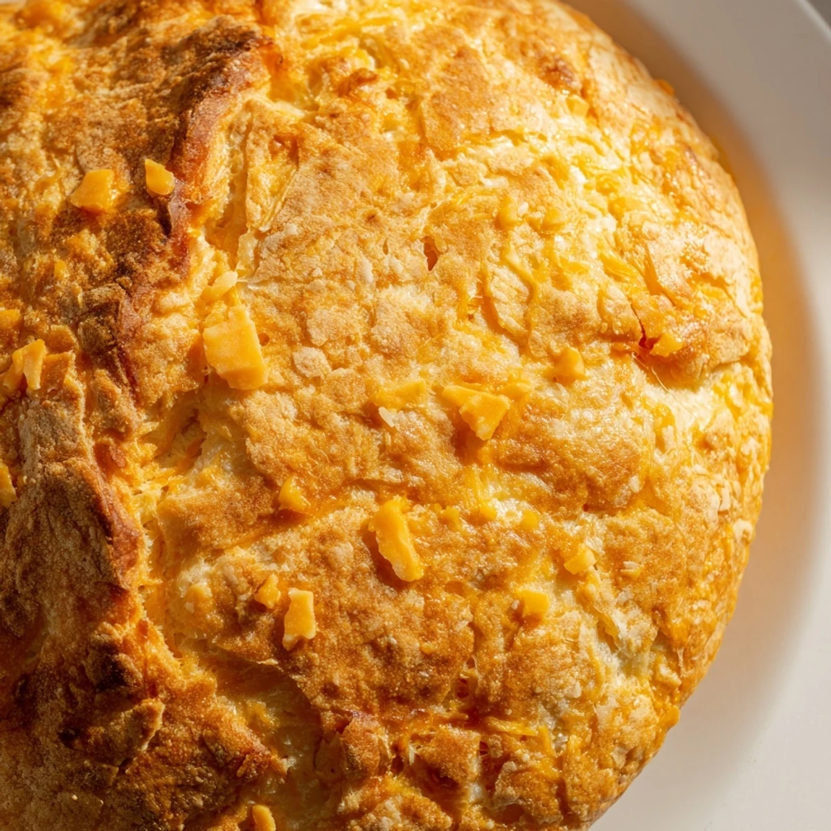 Rustic homemade no knead cheddar bread loaf baked to deep golden perfection