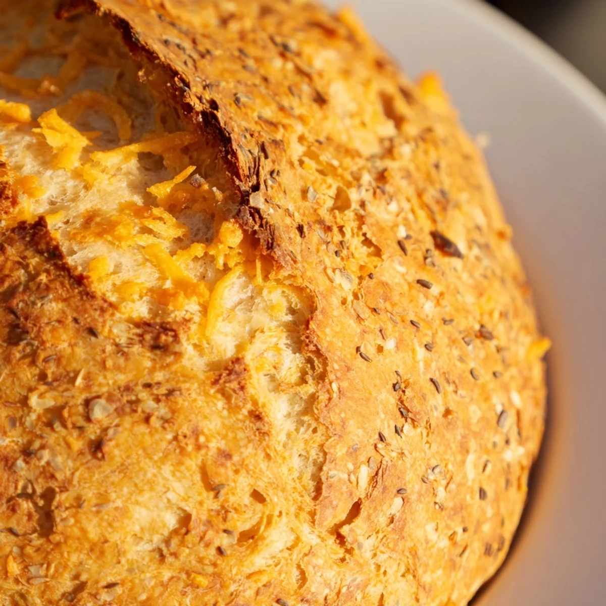 Sliced no knead cheddar bread showing tender crumb with pockets of sharp cheddar cheese