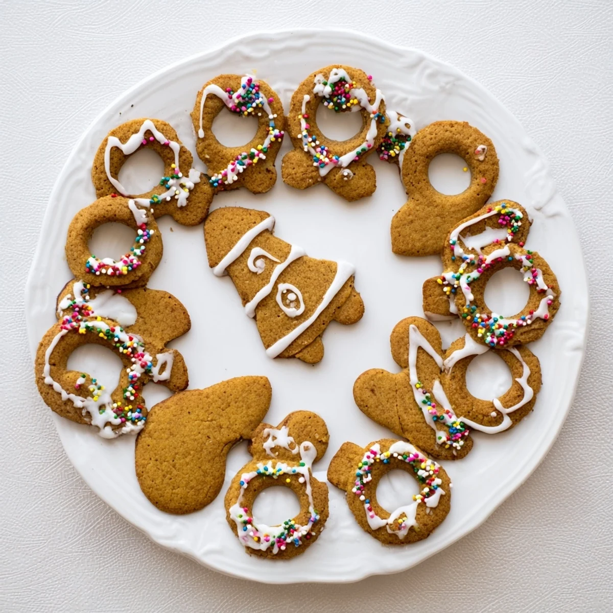 Soft classic cut out gingerbread cookies decorated with white icing and colorful sprinkles on a wooden board.