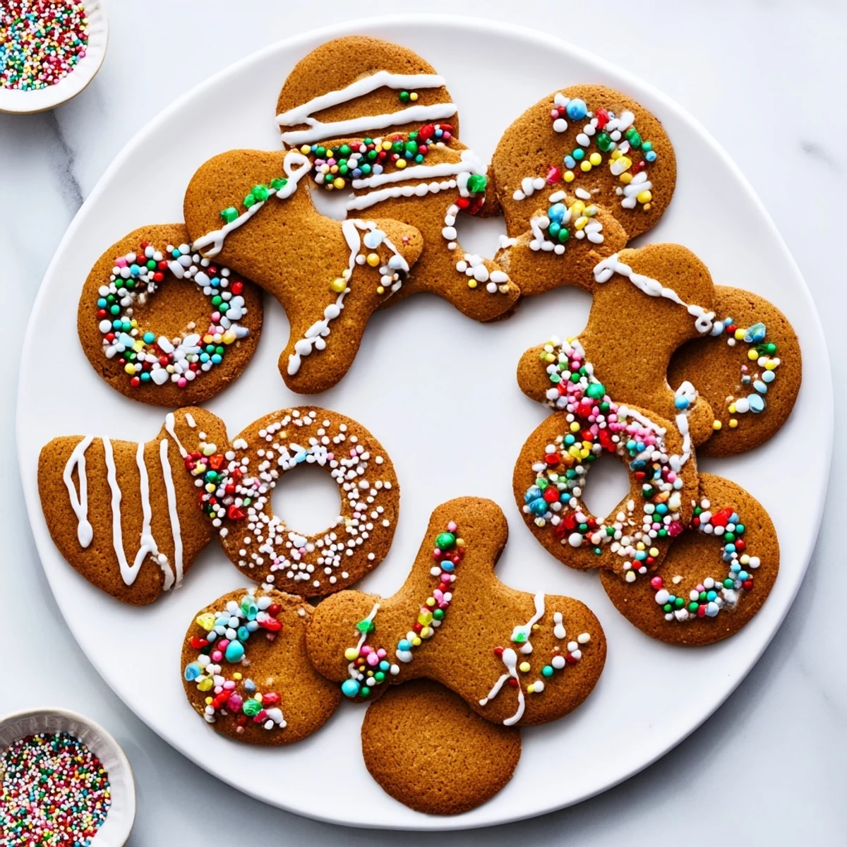 Festive shaped gingerbread cookies arranged on a baking sheet with golden edges and intricate piped royal icing designs.