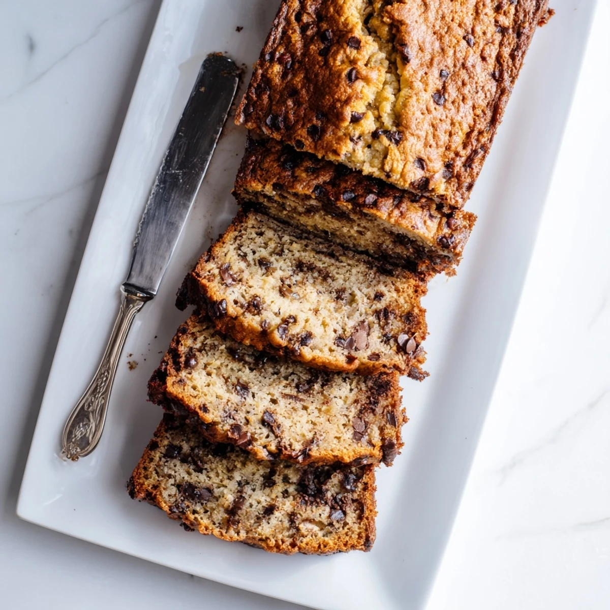 Golden brown loaf of chocolate chip banana bread with melted chocolate chunks visible on top