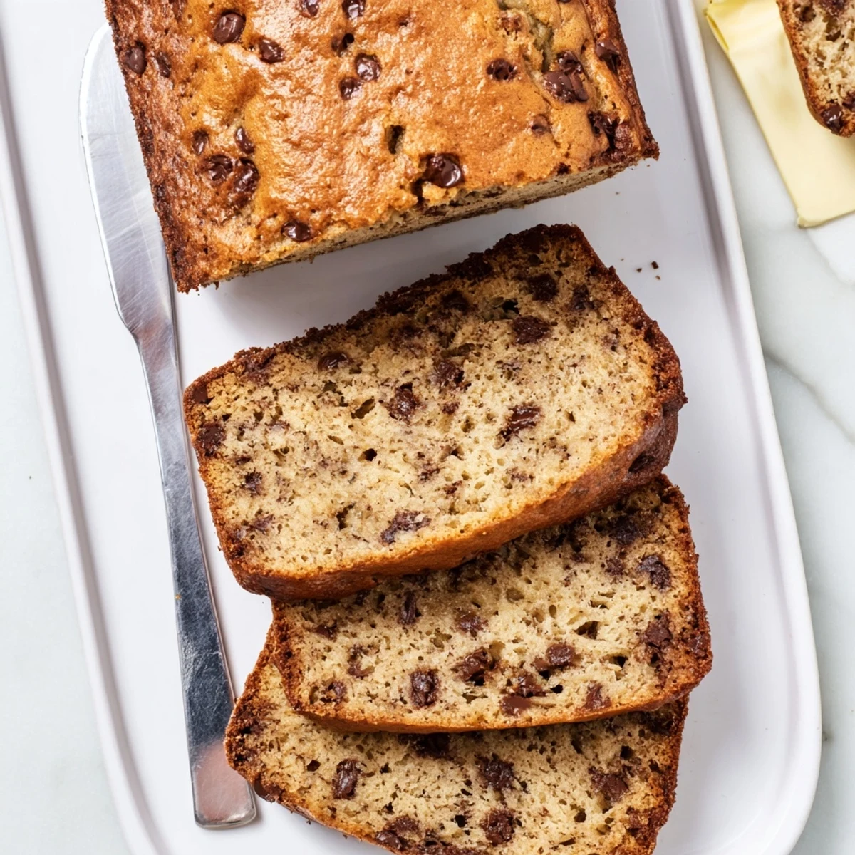 Freshly baked chocolate chip banana bread cooling on a wire rack with a knife nearby