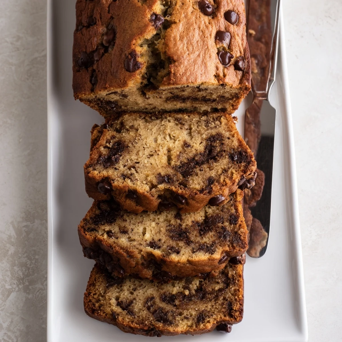 Sliced moist banana bread with chocolate chips served on a wooden cutting board