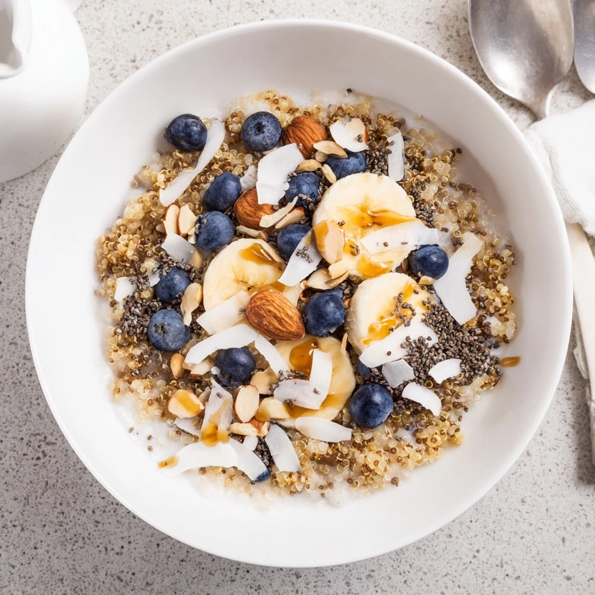Vibrant blueberry quinoa breakfast bowl topped with fresh banana slices, crunchy almonds, and chia seeds