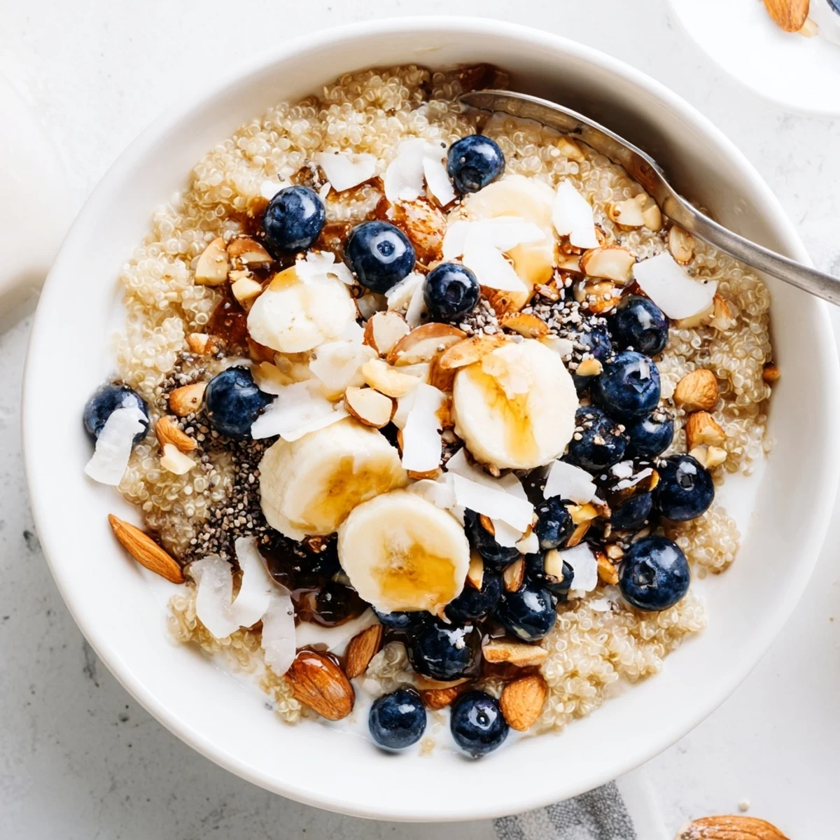 Gluten-free blueberry quinoa breakfast bowl in white bowl garnished with coconut flakes and walnuts