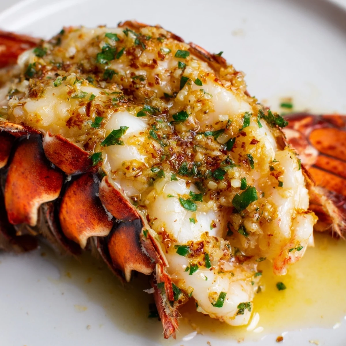 Whole roasted lobster tails brushed with melted garlic butter and served with lemon wedges