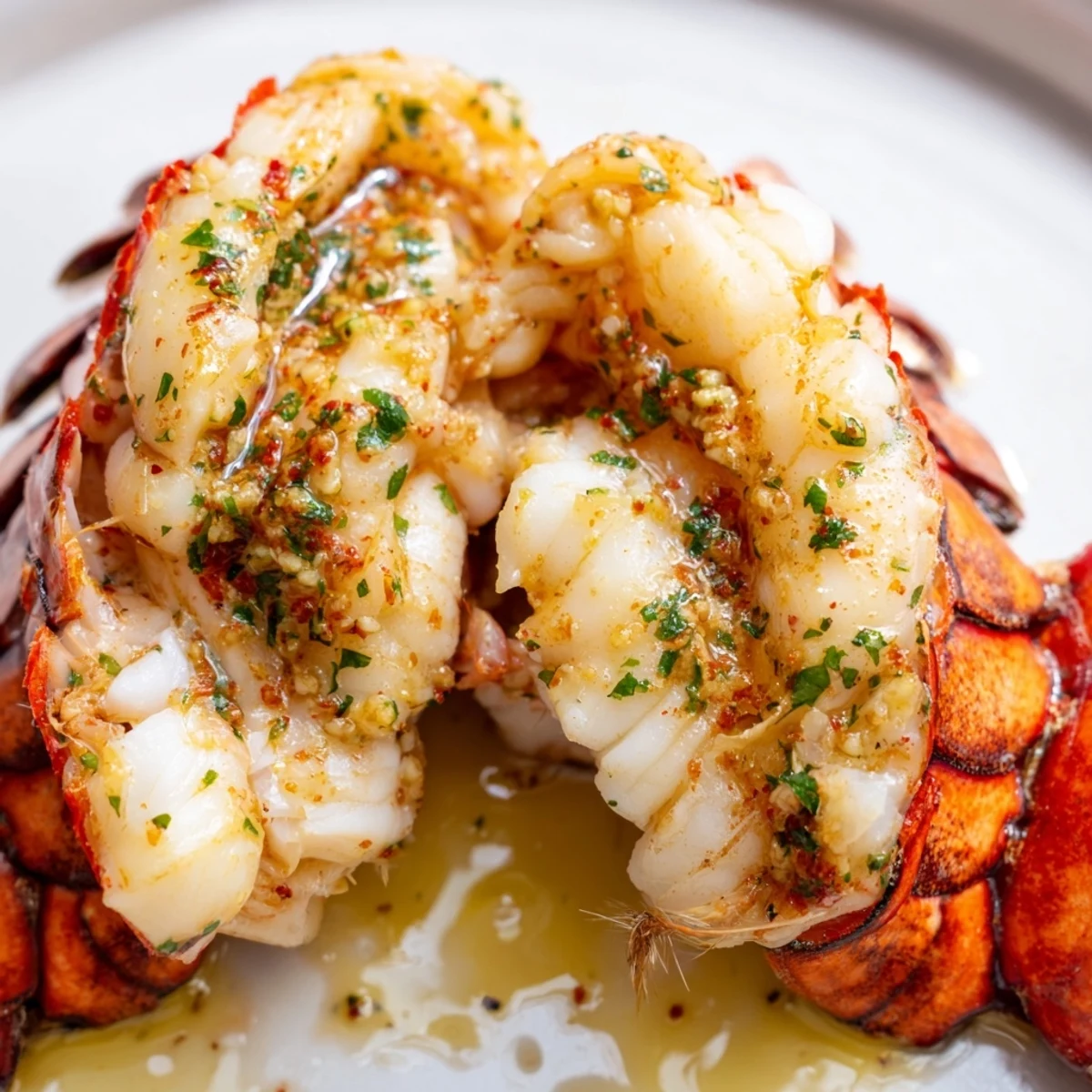 Succulent lobster tails basted in rich garlic butter sauce and garnished with parsley