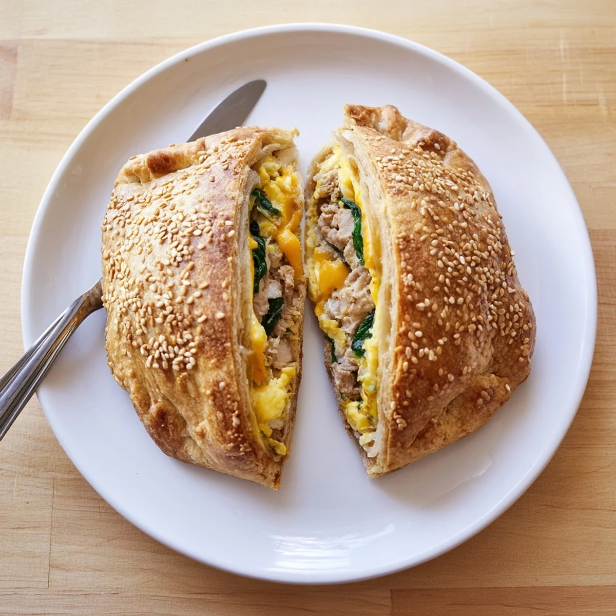 Golden brown high protein breakfast hot pockets with egg and cheese filling oozing from fluffy whole wheat crust