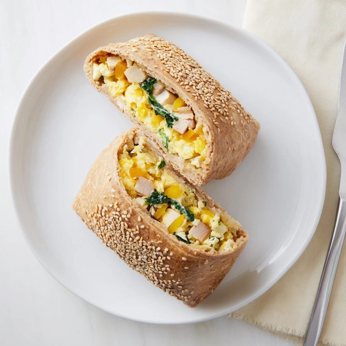Savory high protein breakfast hot pockets cut open revealing fluffy scrambled eggs, turkey, spinach, and melted cheddar