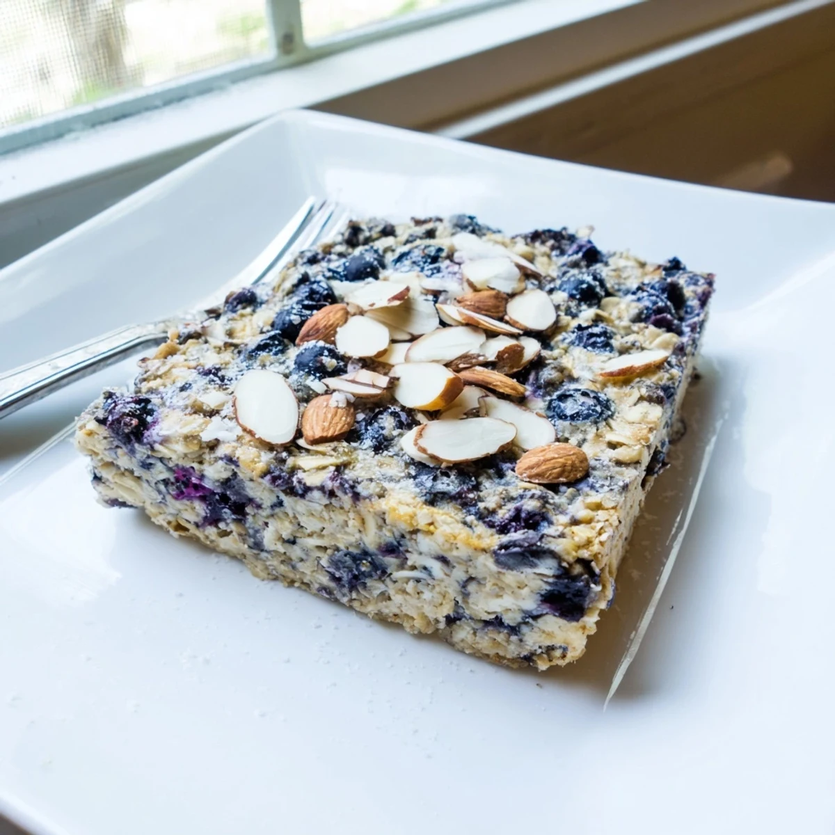 Golden blueberry cottage cheese breakfast bake with juicy berries and almond topping