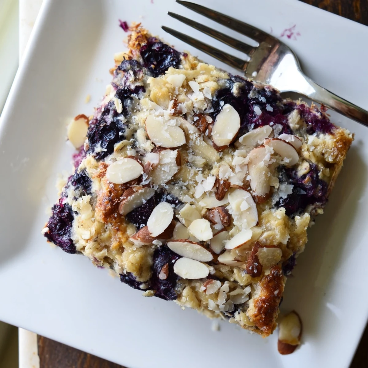 Sliced warm breakfast bake revealing creamy cottage cheese and plump blueberry layers