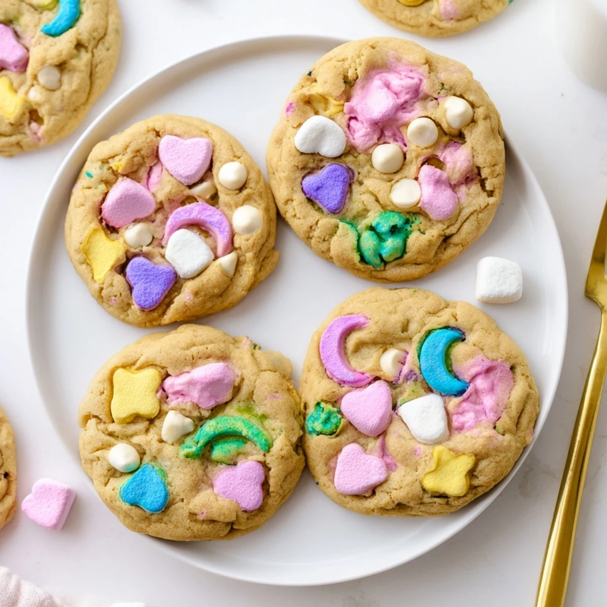 Soft Lucky Charms Cookies stacked on a white plate with colorful marshmallow bits visible throughout the golden brown dough