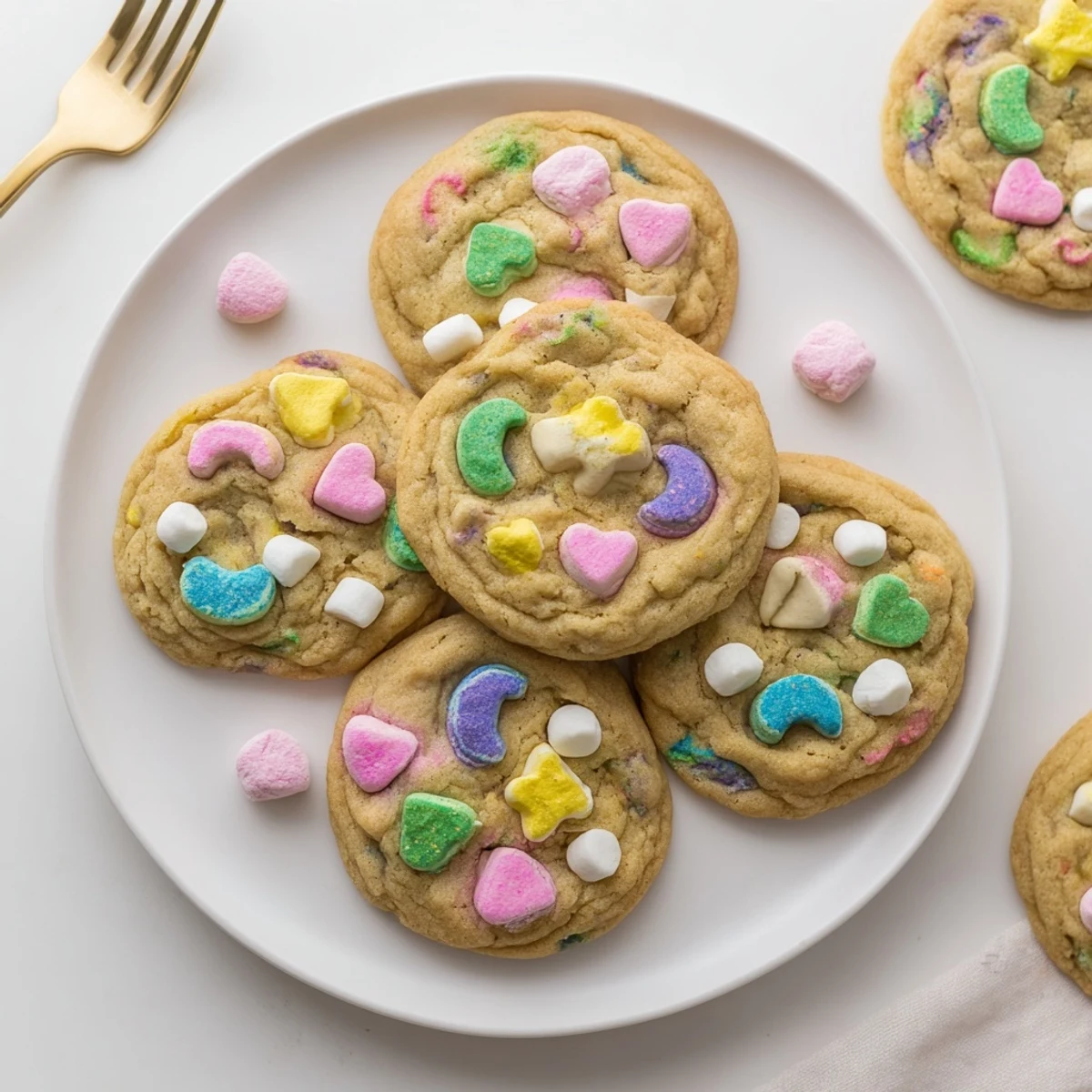 Freshly baked Lucky Charms Cookies cooling on a wire rack, featuring vibrant rainbow marshmallows pressed into the chewy cookie tops