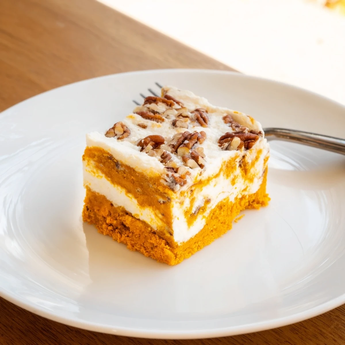 Golden carrot cake bars with swirled cream cheese layer and walnut topping on white plate