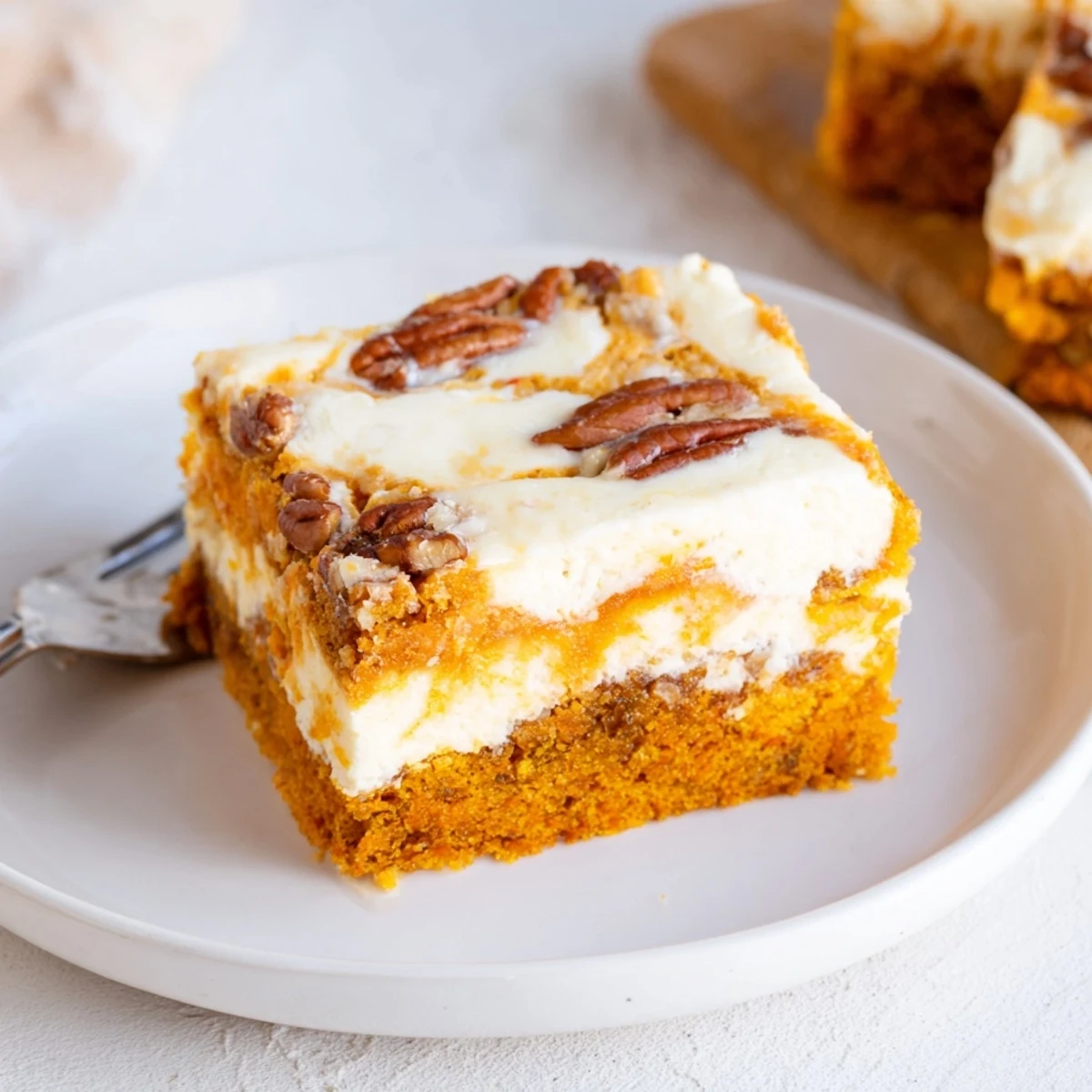 Homemade carrot cake bars with creamy cheesecake swirl and grated carrots visible on rustic wooden board