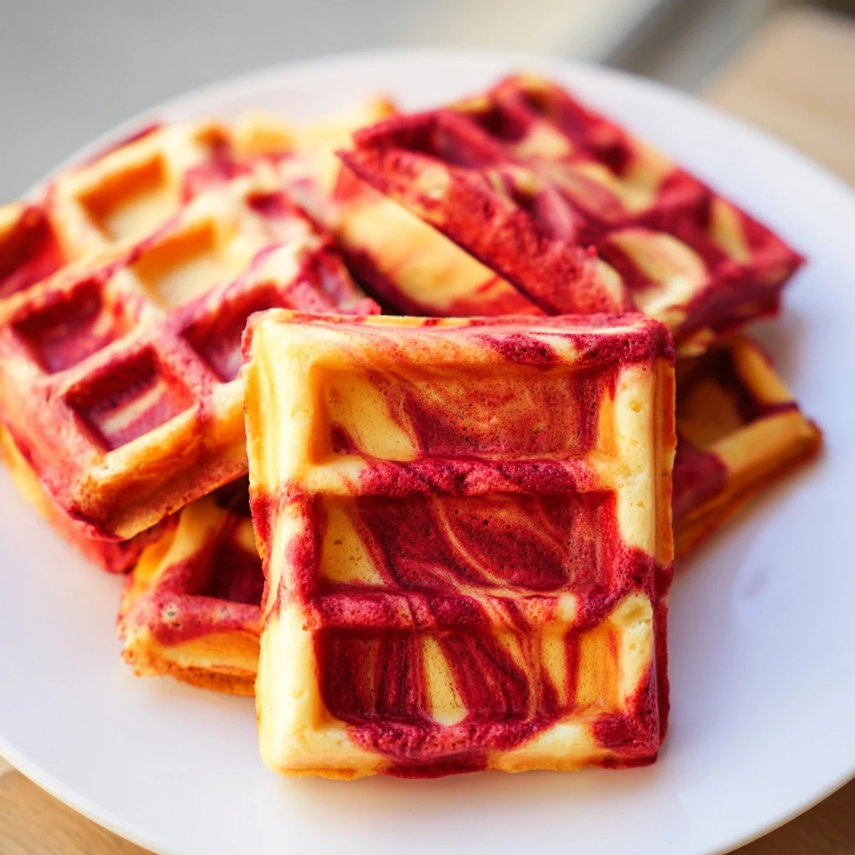 Golden red velvet marble waffle with vanilla swirl topped with fresh berries and maple syrup