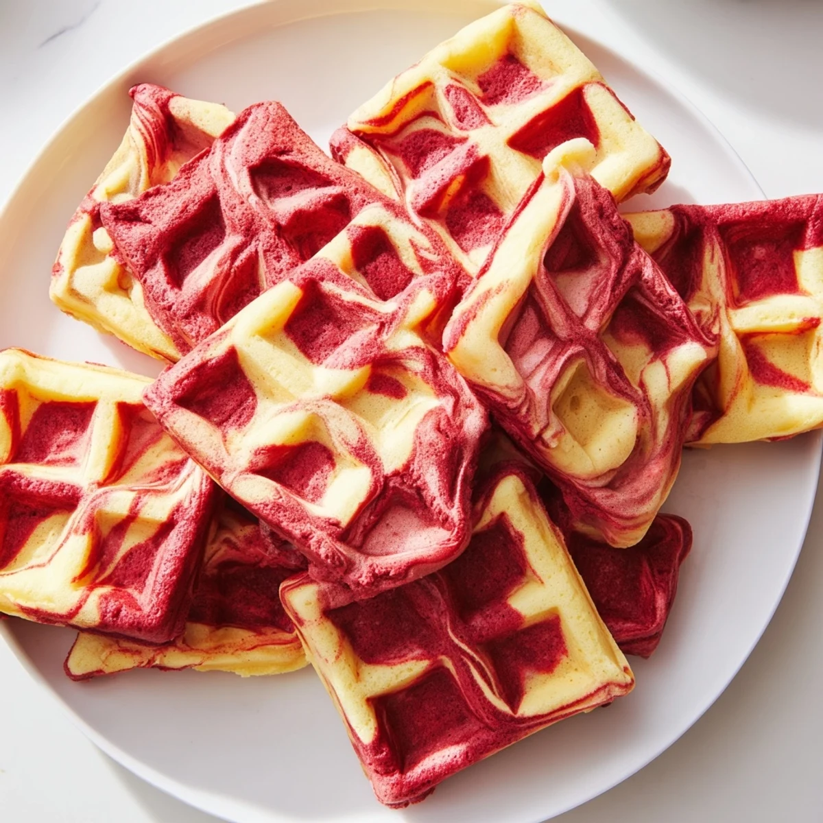 Crispy American breakfast waffle featuring red and vanilla marbled patterns with cream cheese glaze