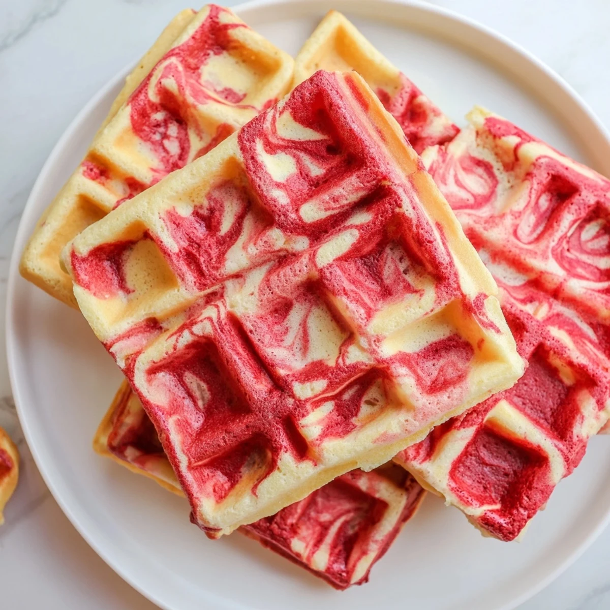 Stack of fluffy red velvet marble waffles drizzled with sweet syrup for weekend brunch