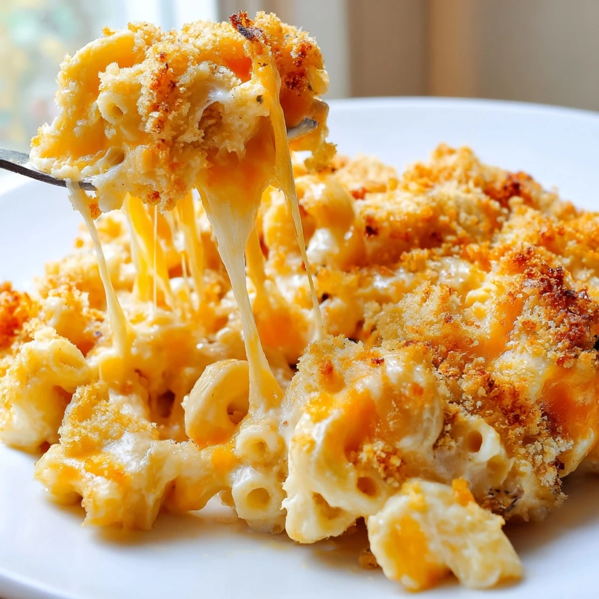 Golden three cheese baked macaroni with bubbling cheddar Gruyère mozzarella sauce and crispy panko topping