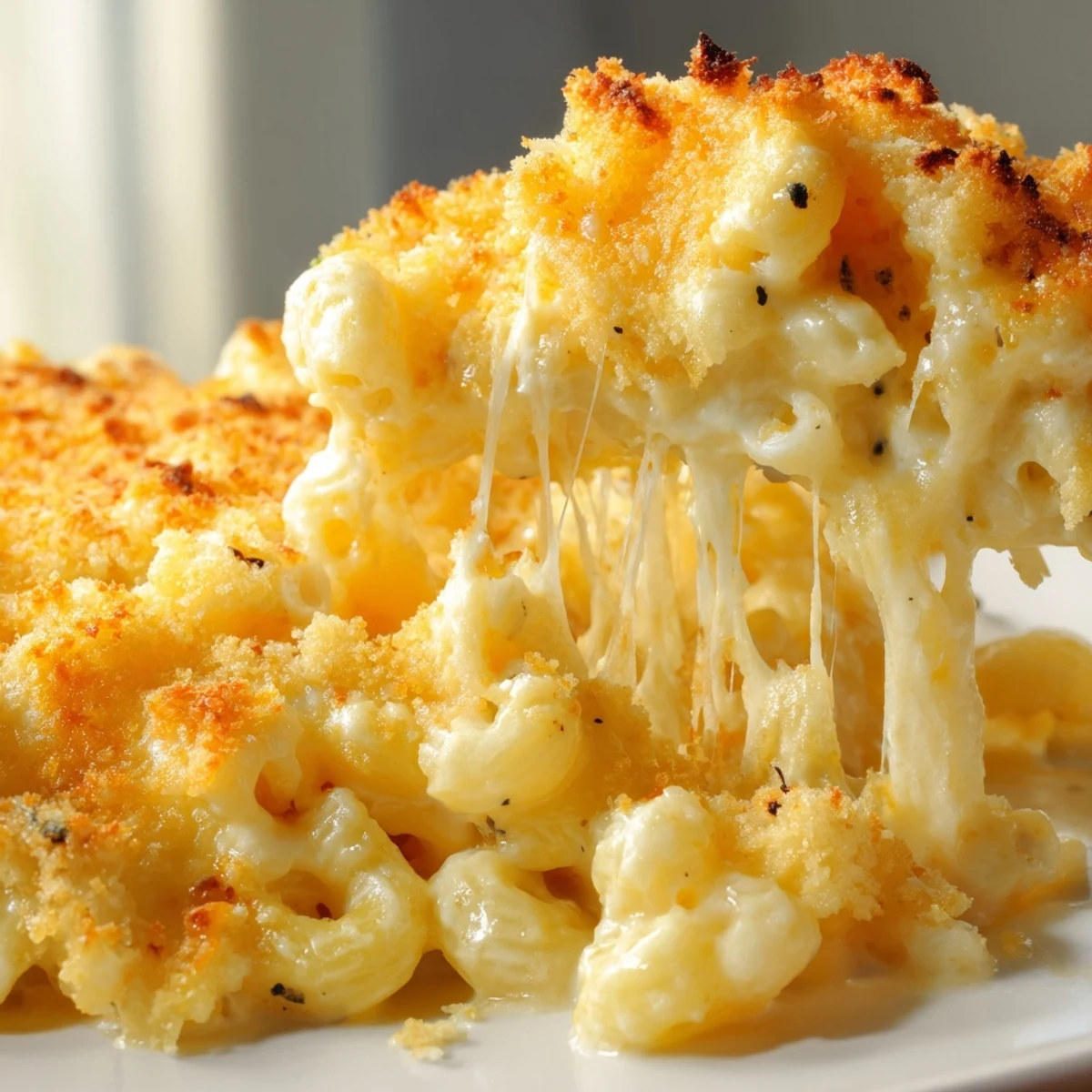 Creamy three cheese baked macaroni scooped from cast iron dish with melted cheese pulling