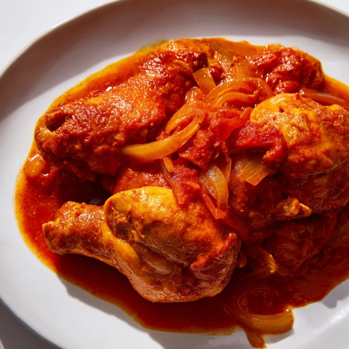 Golden Senegalese chicken simmered in rich tomato sauce with colorful bell peppers and aromatic spices