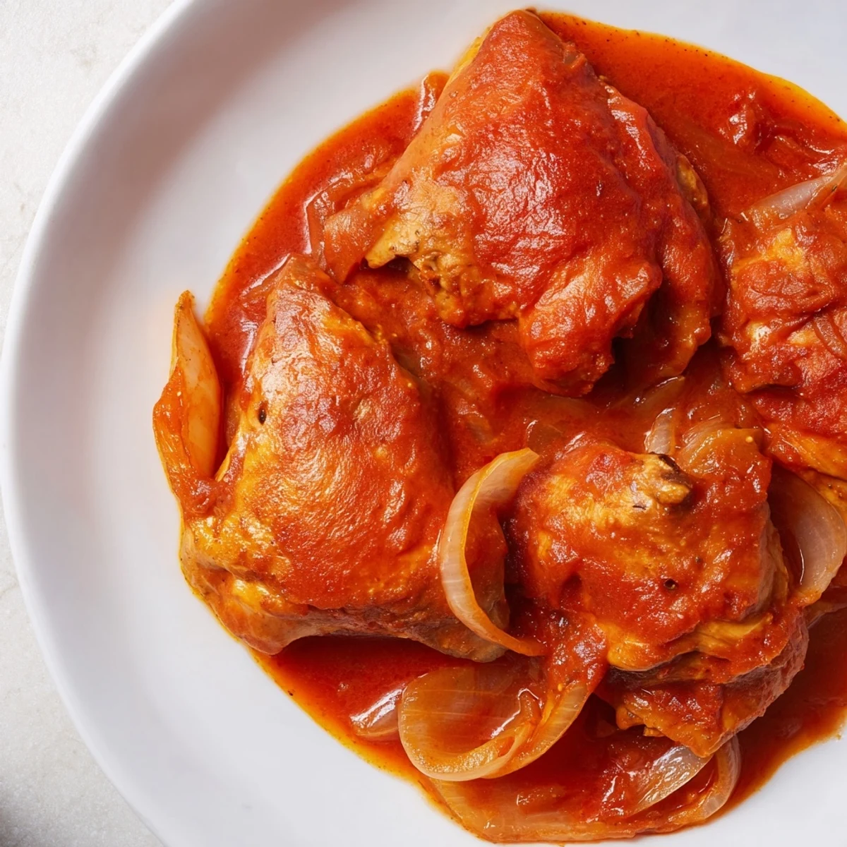 Tender Senegalese chicken thighs in thick tomato gravy served over fluffy white rice with fresh parsley