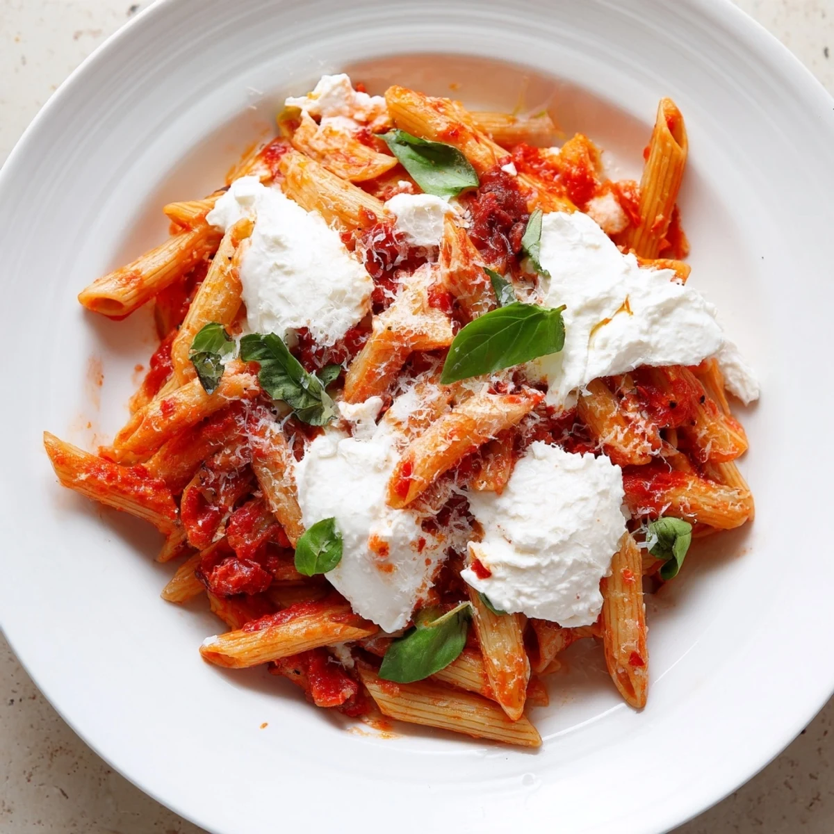 Creamy tomato garlic ricotta penne topped with fresh basil and Parmesan cheese