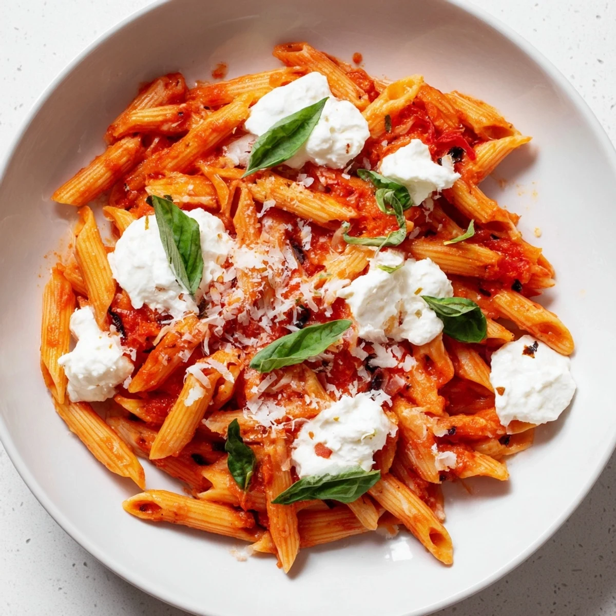 Steaming bowl of tomato garlic ricotta penne garnished with torn green basil leaves