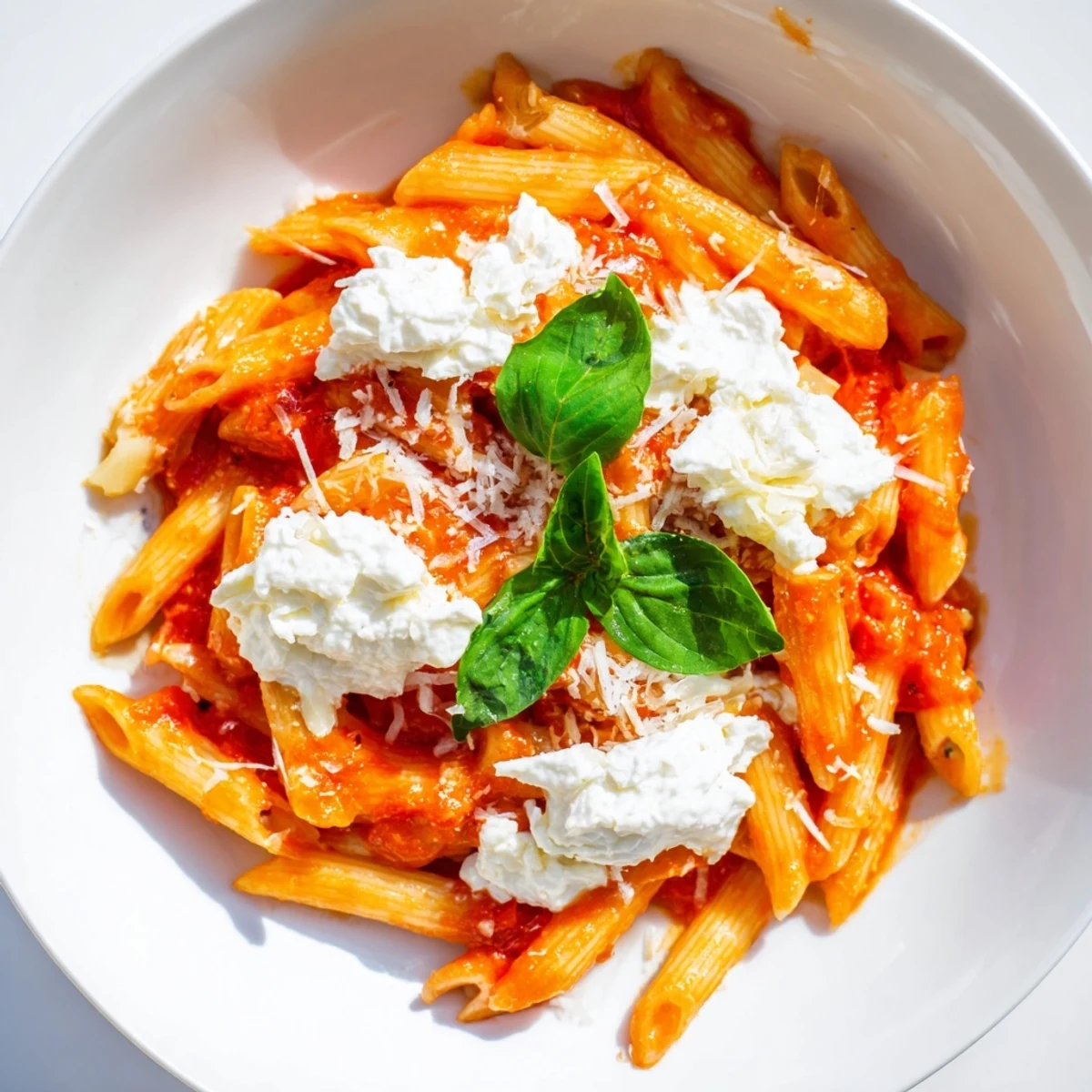 Tomato garlic ricotta penne in vibrant red sauce with pillowy cheese dollops