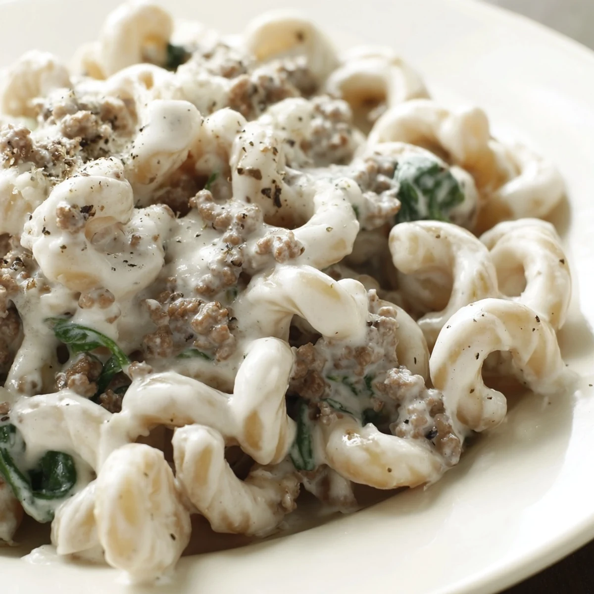 Warm creamy high protein beef pasta garnished with fresh herbs and extra cheese