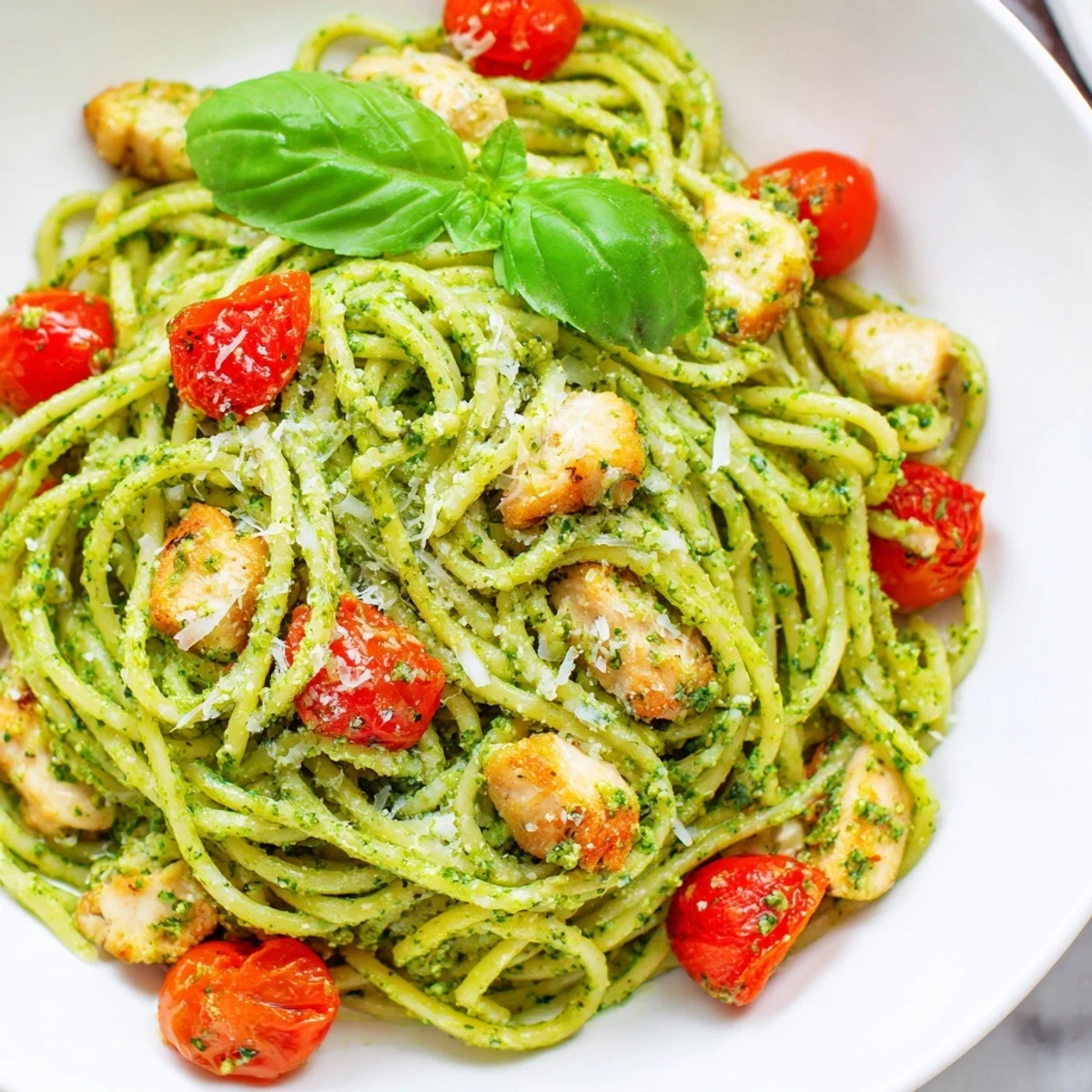 Light pesto pasta with chicken coated in vibrant green herb sauce on white plate