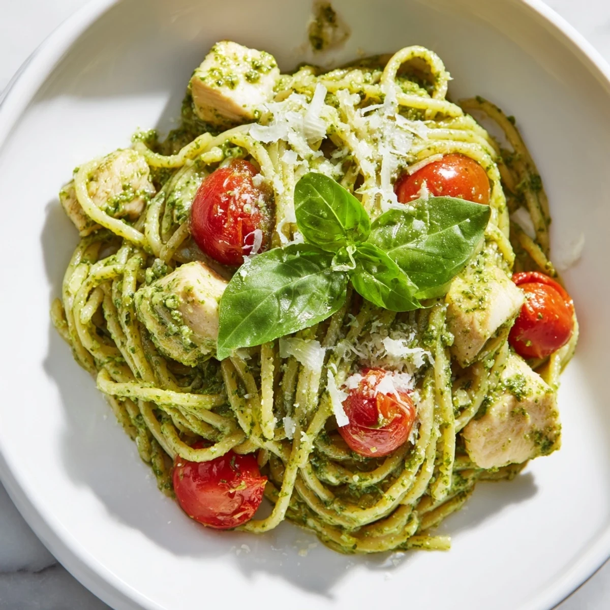 Tender chicken and al dente noodles tossed with fresh basil pesto in skillet