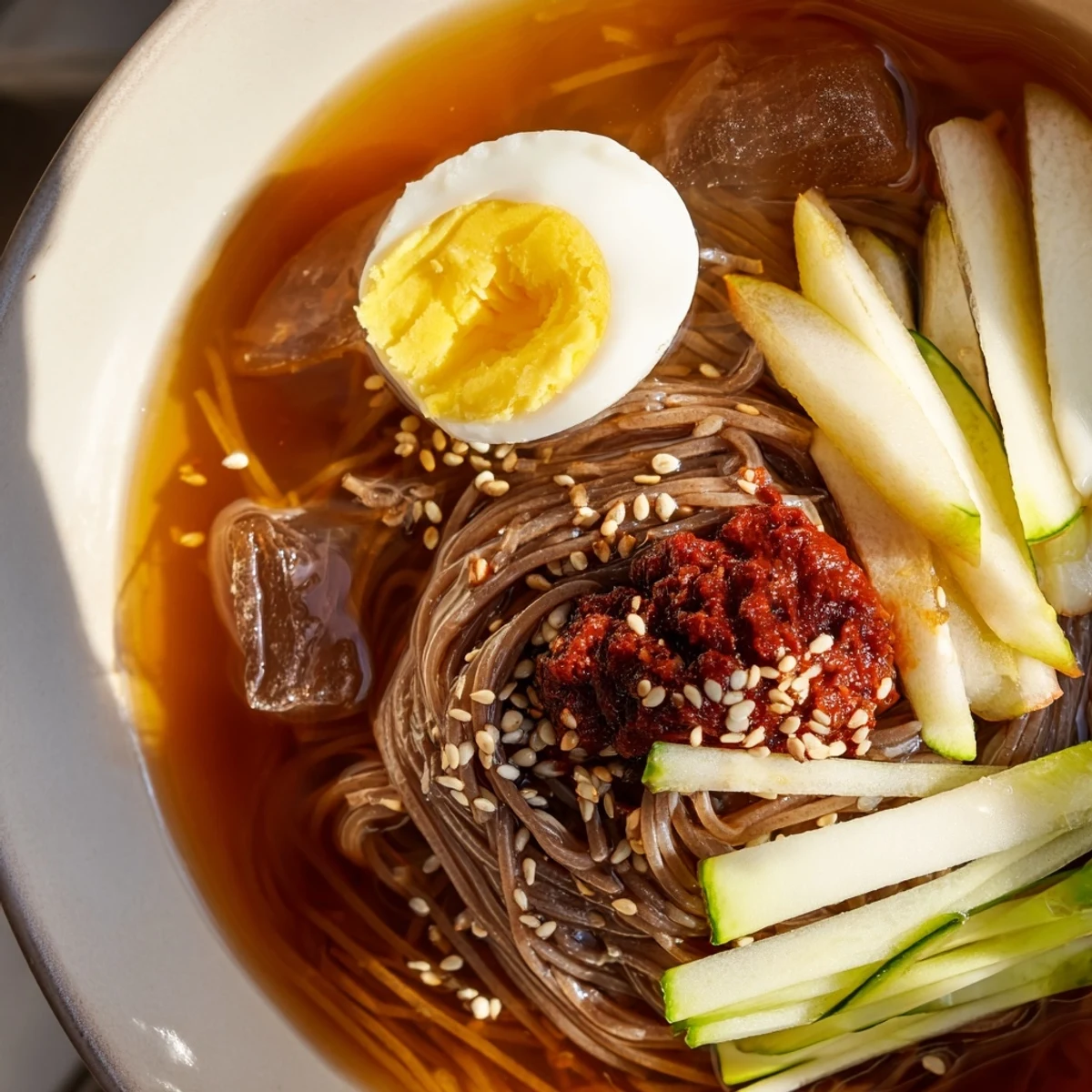 Chewy Korean naengmyeon noodles swim in icy tangy broth topped with sliced beef and egg