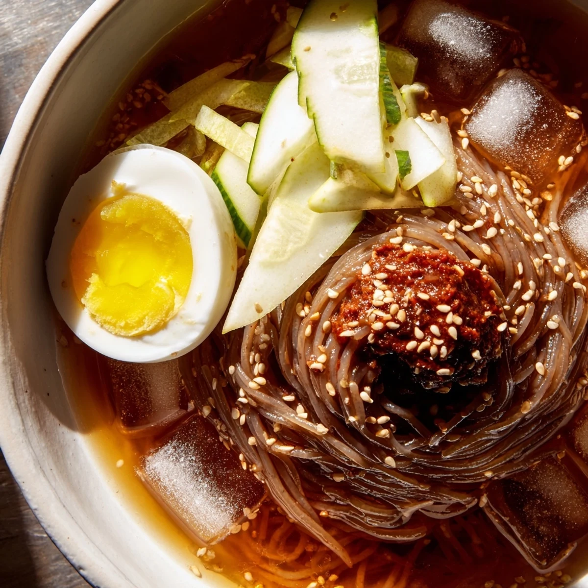 Cold Korean naengmyeon in a metal bowl garnished with crisp cucumber Asian pear and sesame seeds