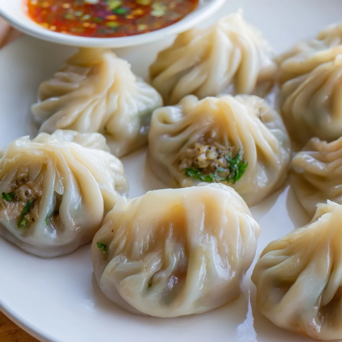Steaming hot Nepali momo dumplings arranged on a bamboo steamer with pleated edges