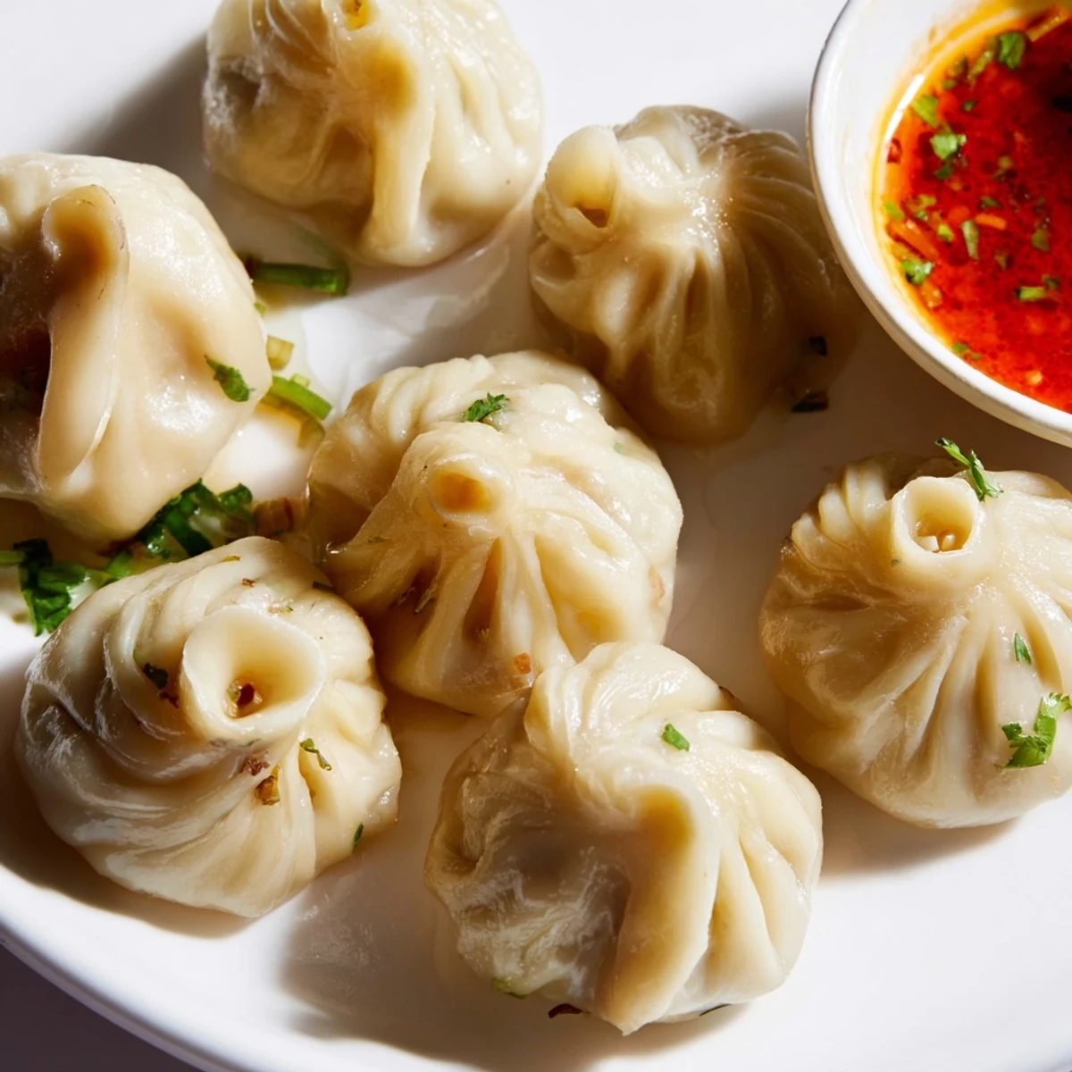 Golden Nepali momo dumplings served with spicy tomato sesame dipping sauce