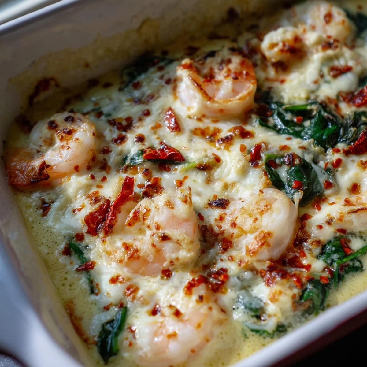 Creamy Low Carb Shrimp Tuscan Bake with golden melted mozzarella and sun-dried tomatoes