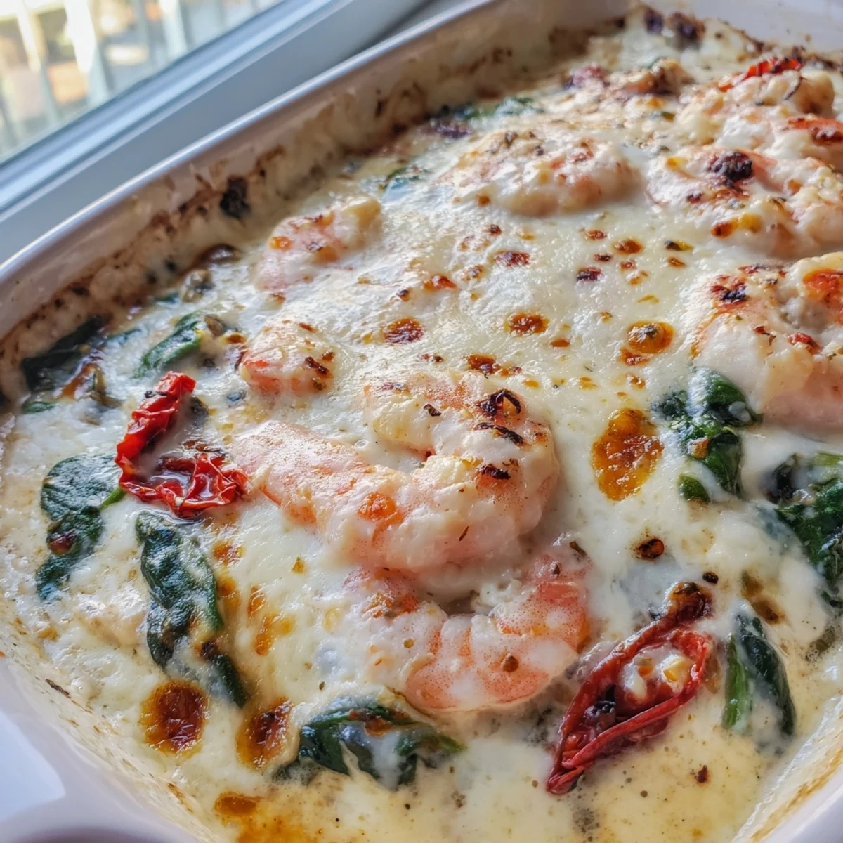 Low Carb Shrimp Tuscan Bake bubbling in a cast iron skillet with wilted spinach