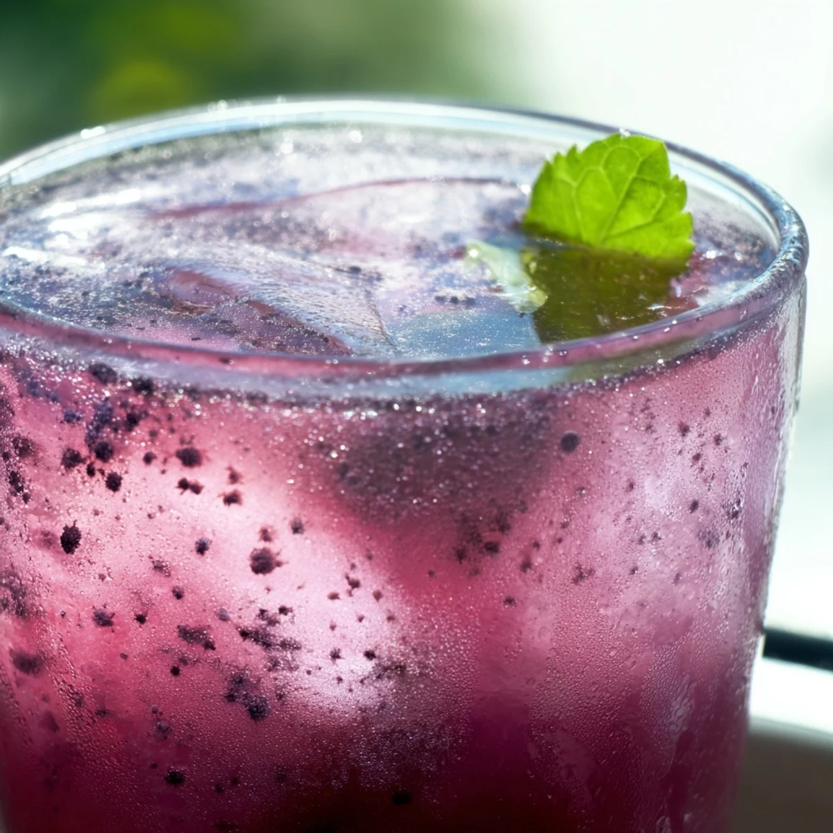Pitcher of grape agua fresca poured over ice on a sunny patio table
