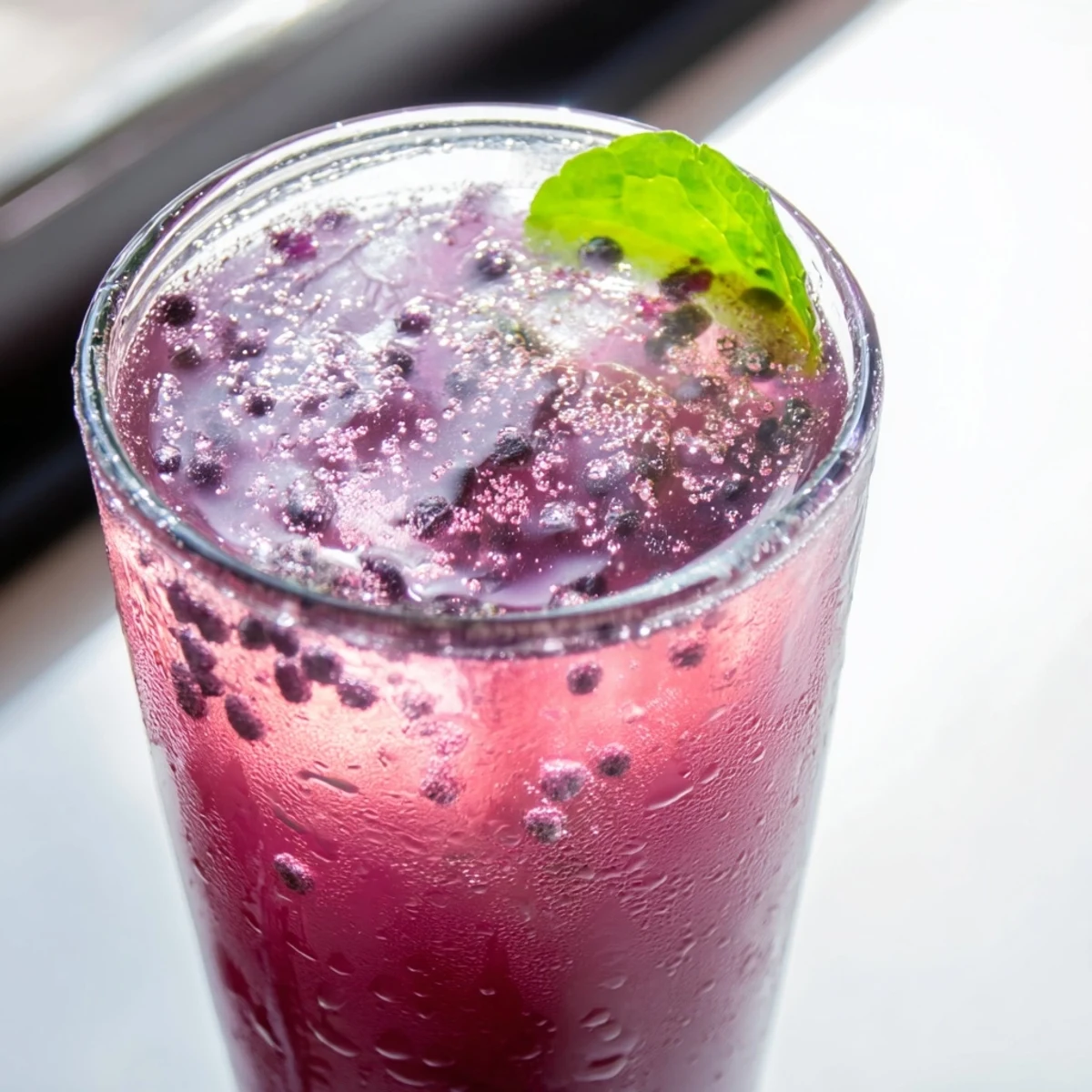 Tall glasses of grape agua fresca topped with whole grapes and crushed ice