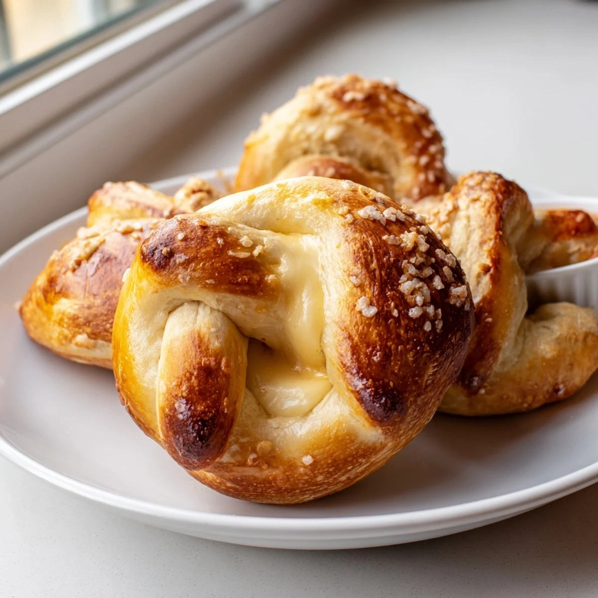 Golden mozzarella stuffed soft pretzels fresh from the oven with melted cheese oozing