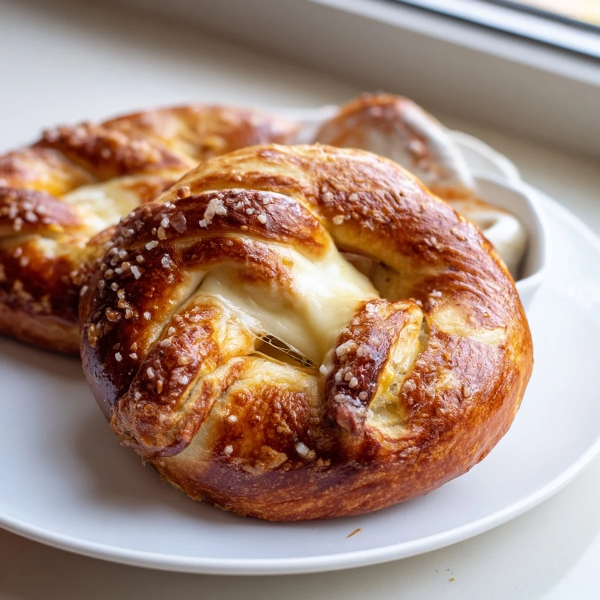 Chewy mozzarella stuffed soft pretzels arranged on parchment with dipping sauces nearby