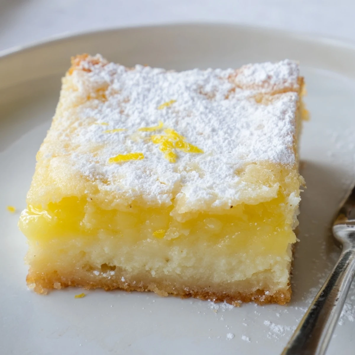 Golden Lemon Gooey Butter Cake squares dusted with powdered sugar on a white serving plate