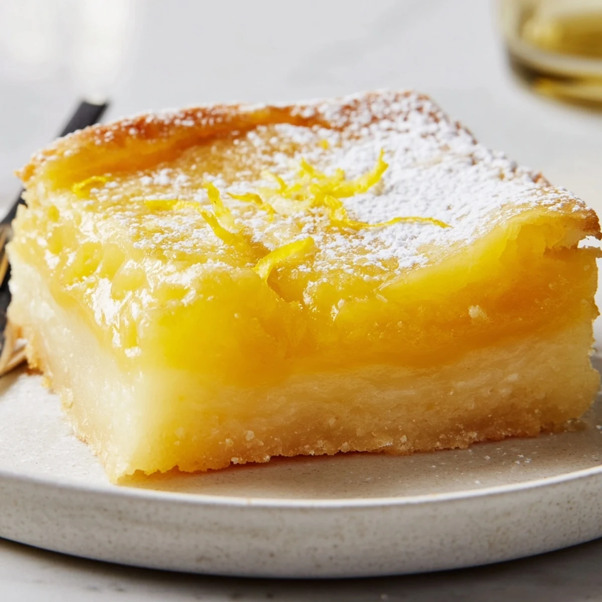 Creamy Lemon Gooey Butter Cake with luscious, tangy filling and golden buttery crust edges