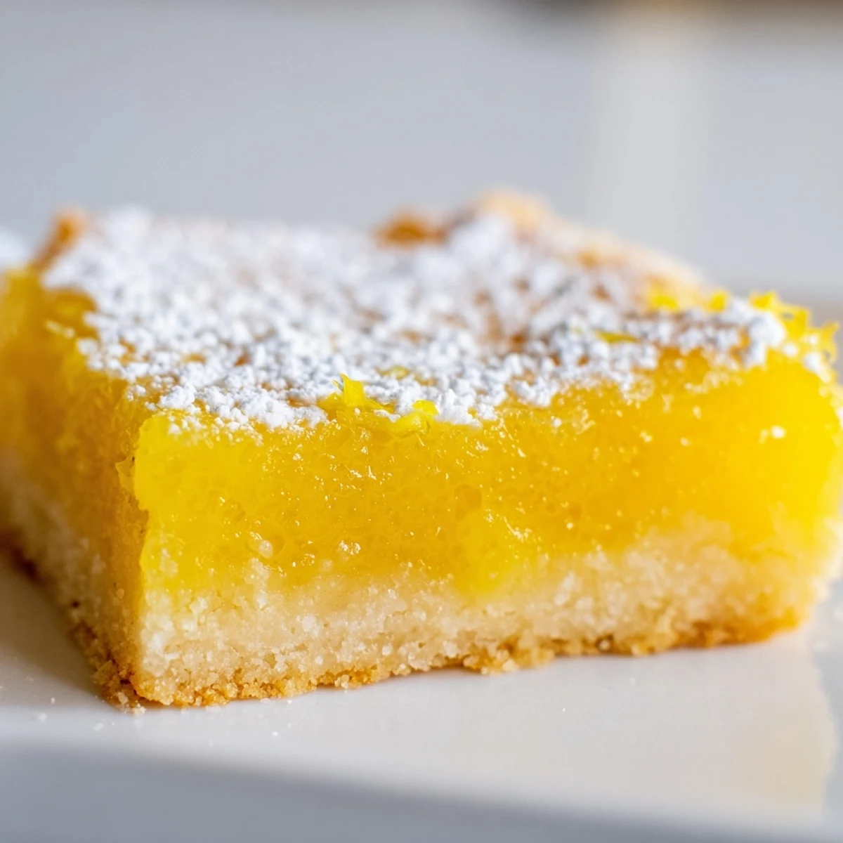 Golden lemon bars with powdered sugar dusting on a rustic white serving plate ready to enjoy