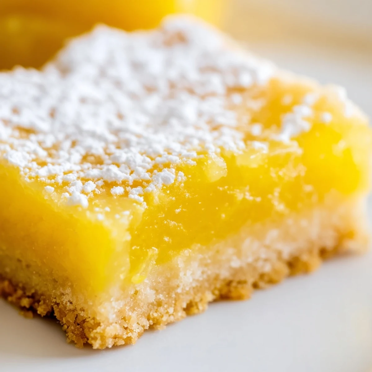 Tangy lemon bars with bright yellow filling on a buttery shortbread crust cut into squares