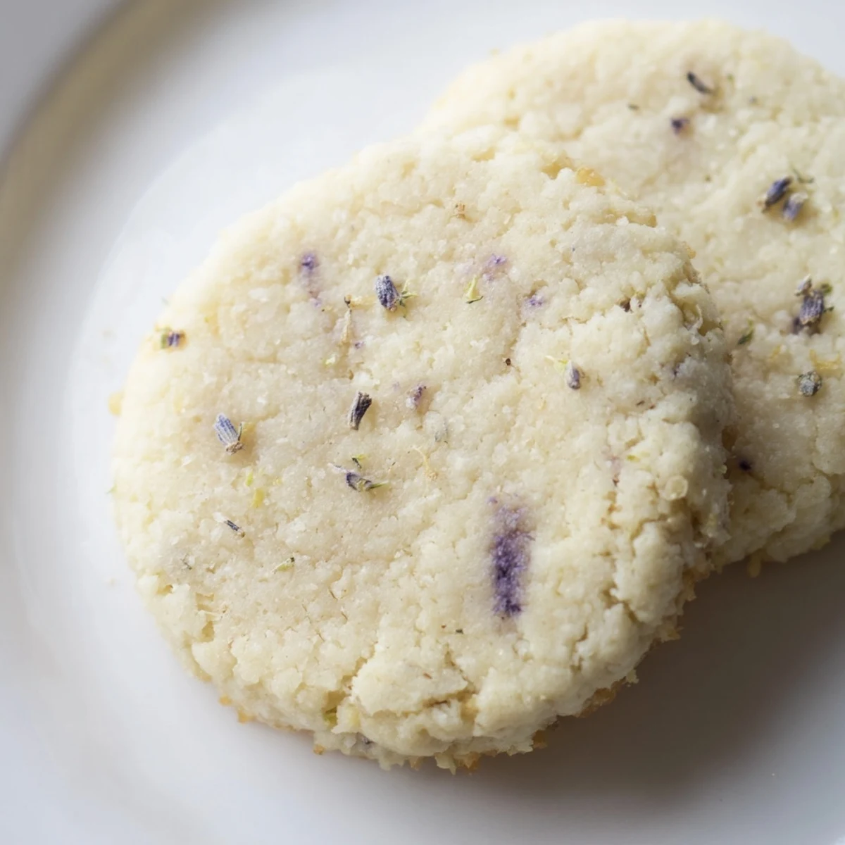 Golden Lemon Lavender Cookies arranged on a rustic wooden board with scattered lavender buds