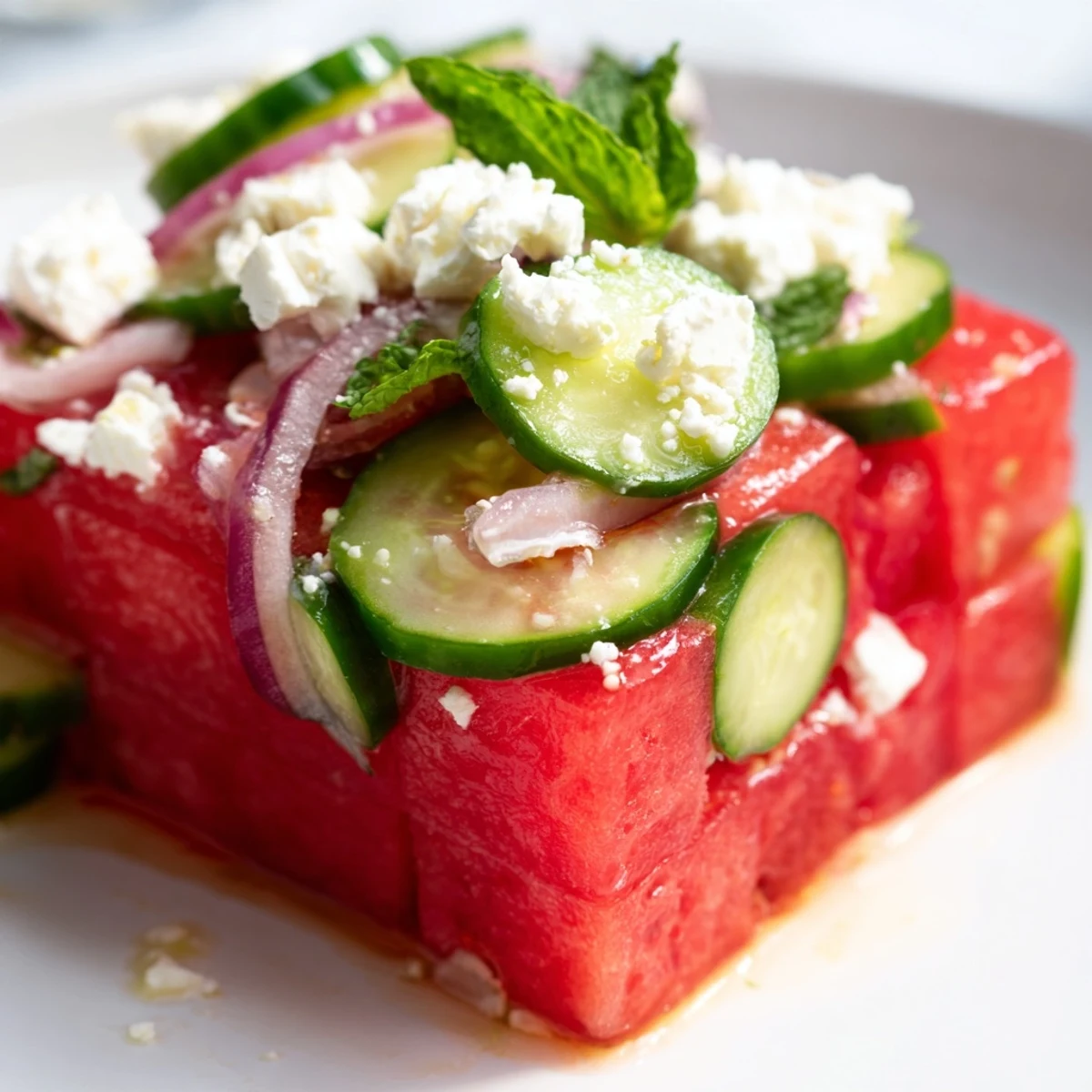 Colorful watermelon feta salad with juicy melon cubes and crumbled cheese in white bowl