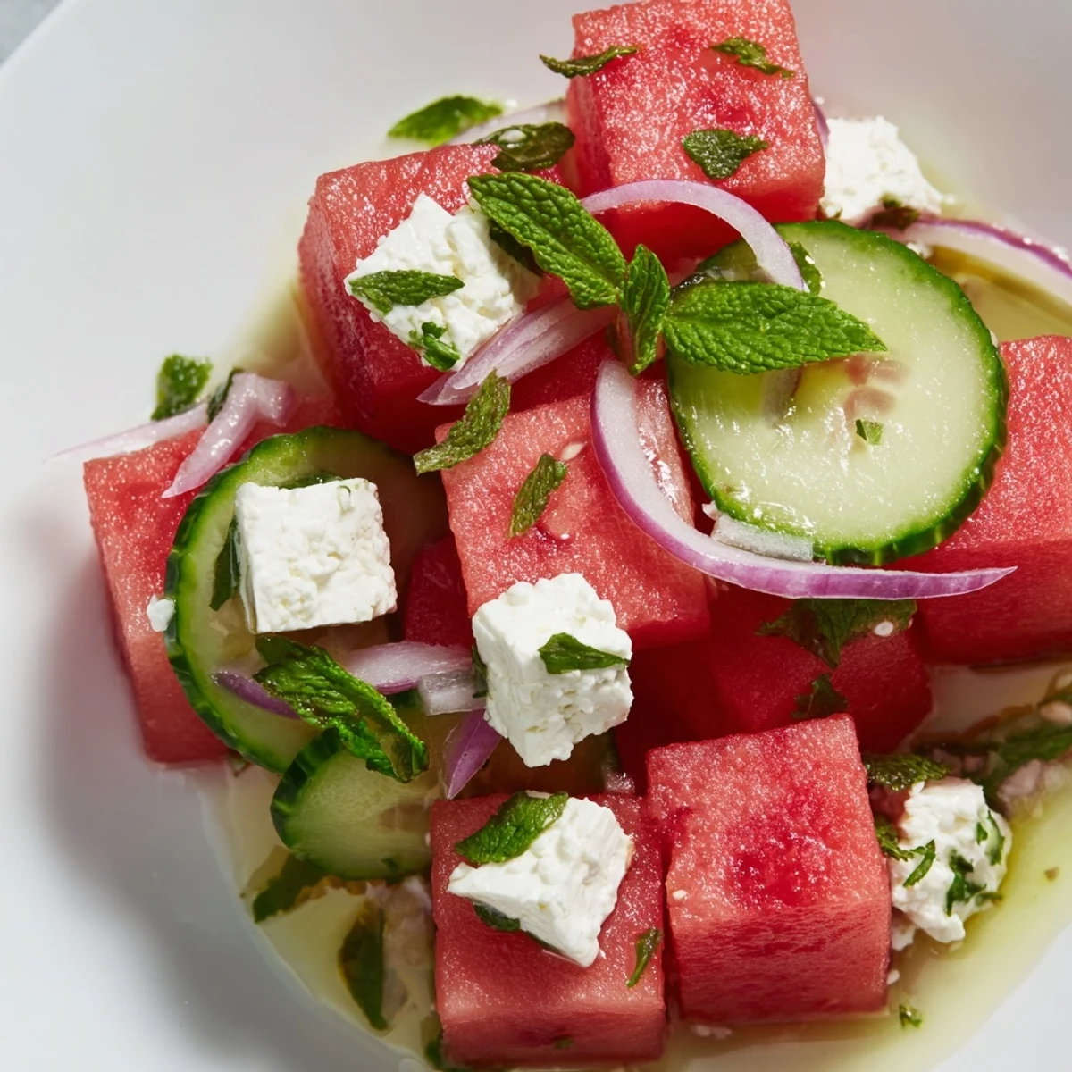 Refreshing watermelon feta salad topped with fresh mint leaves and lime dressing