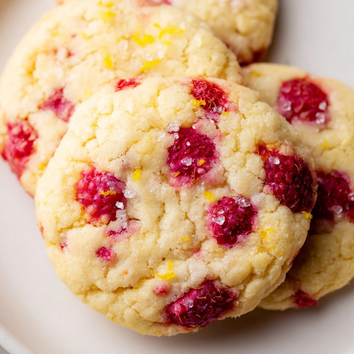 Soft Lemon Raspberry Cookies with golden edges and juicy red berries on a white plate